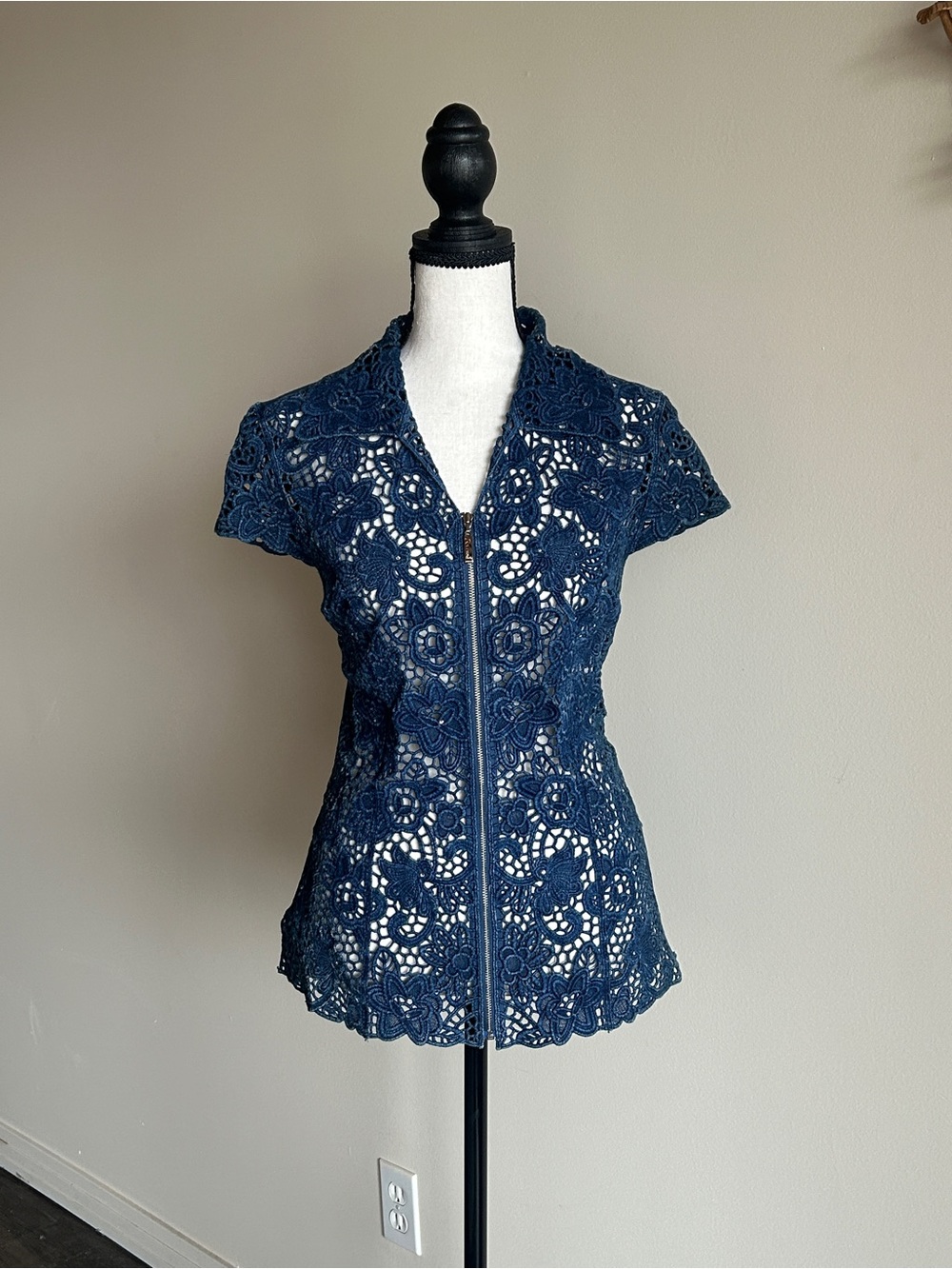 Vintage Denim Acezung Crochet Lace Zip-Front Eyelet Women’s Top Medium